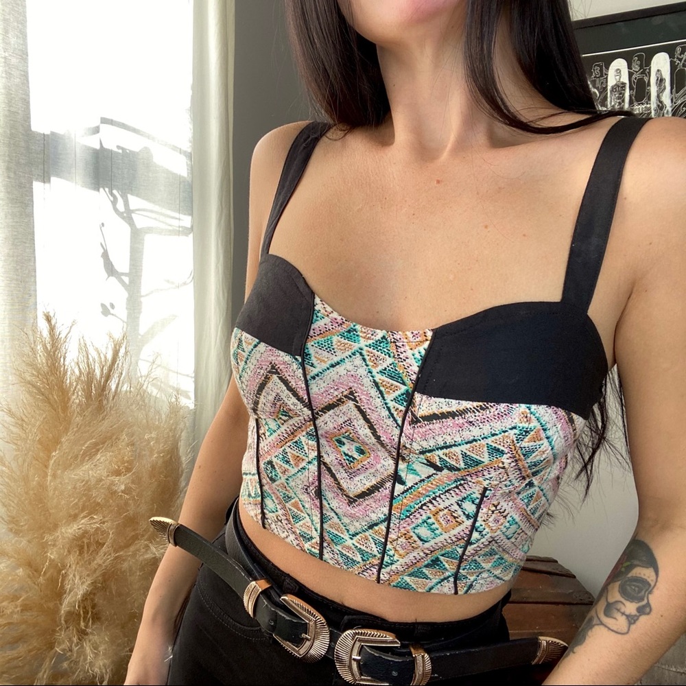 Geo Aztec Print Bustier Crop Top with Straps